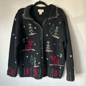 Vintage Talbots Holiday Winter Forest Cardigan Sweater 100% Wool Stitching
